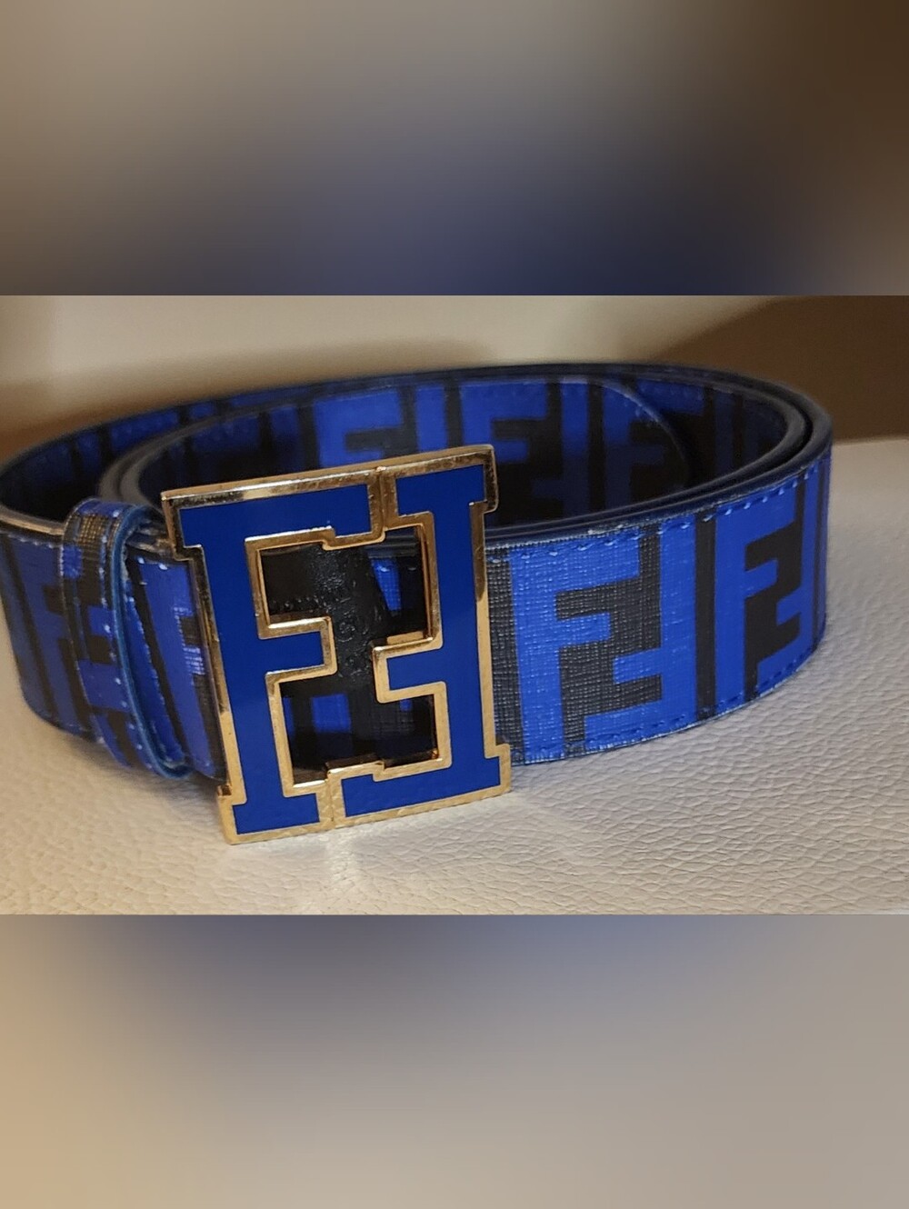 Fendi Blue/Black Unisex Logo Belt with Gold/Blue Buckle Size 120 With COA
